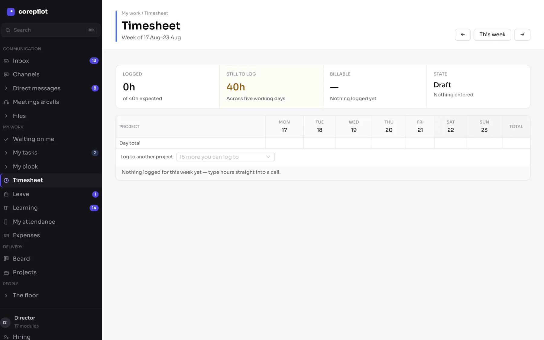 A weekly timesheet