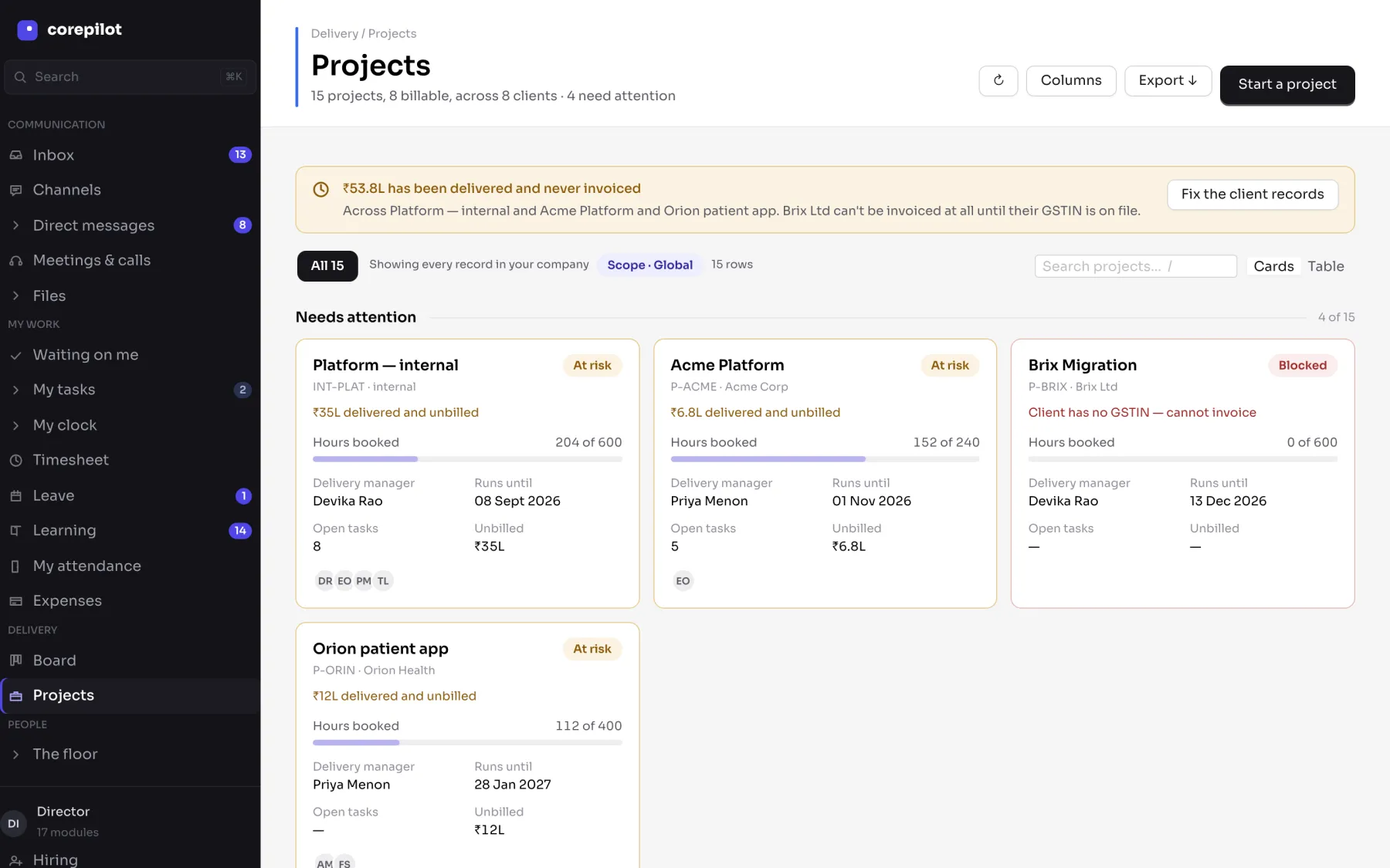 The projects screen, with hours booked against budget and the value delivered but not yet invoiced